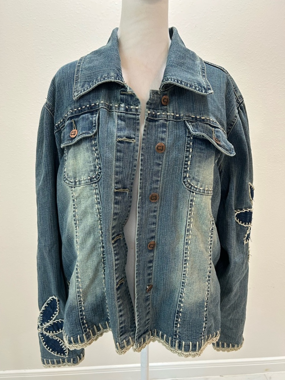 Crest Jeans Denim Button-Up Jacket with Thick Contrast Stitching, Size XL